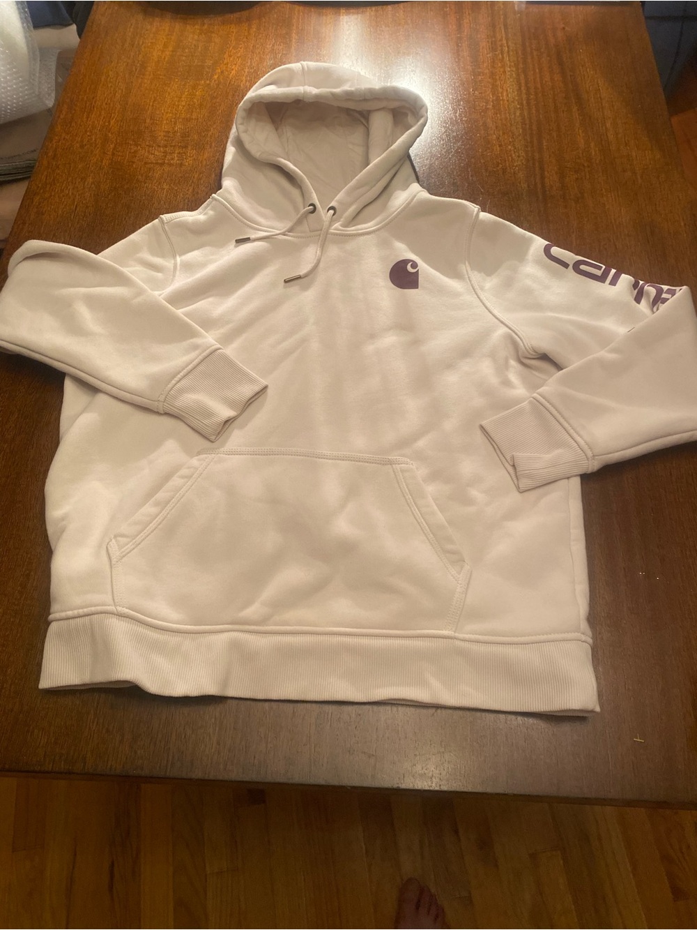 Carhartt Youth Boys Size Large (12-14) Off White Hoodie Sweatshirt Purple Logo